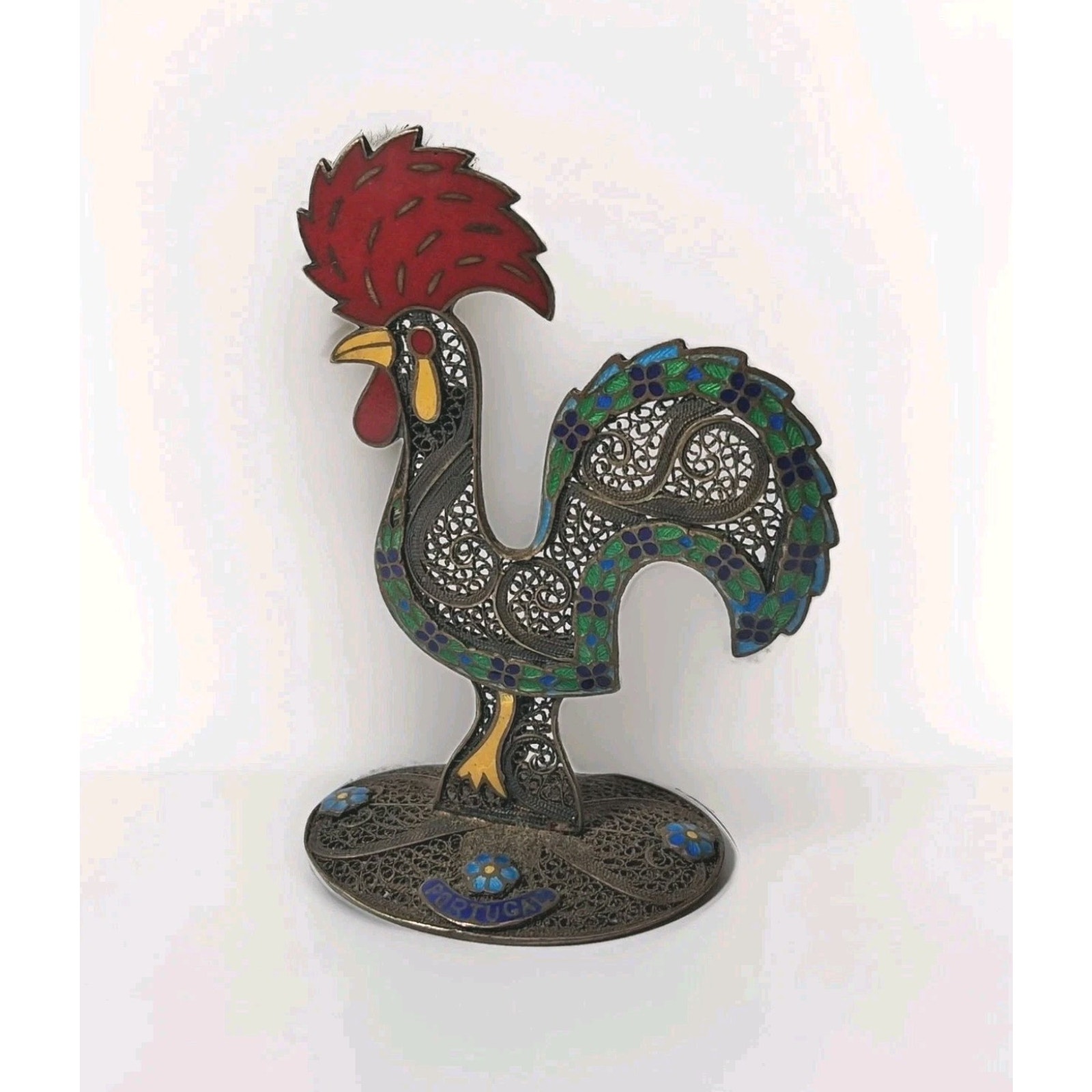 Rare Sterling Silver Filigree And Enamel Topazio Portugal Miniature Rooster
